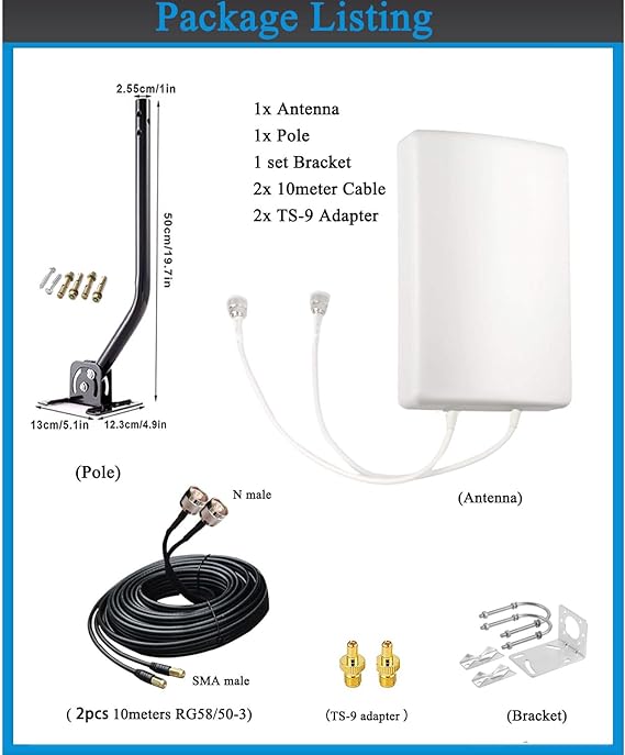 5G/ 4G/ LTE/WiFi/ 2x2 MIMO Antennas Outdoor Directional Panel Antenna for 4G LTE 5G Routers Verizon AT&T Sprint T-Mobile Home Internet with TS9 SMA Cable J-Mount Pole (Full Kit)