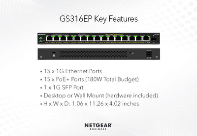 Netgear 15-Port PoE+ Gigabit Ethernet Plus Switch (180W) with 1 SFP Port Managed Switch