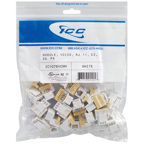 ICC Cat 3 EZ Modular Voice Jack, White, 25 pack RJ-11