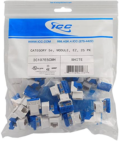 ICC Cat 5 EZ Modular Data Jack, White, 25 pack