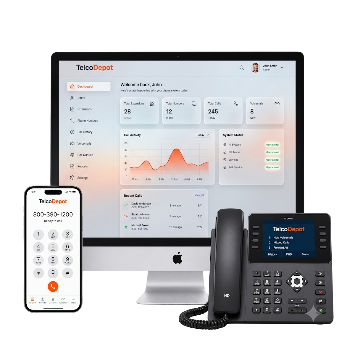 Telco Depot business VoIP dashboard with mobile and desk phone