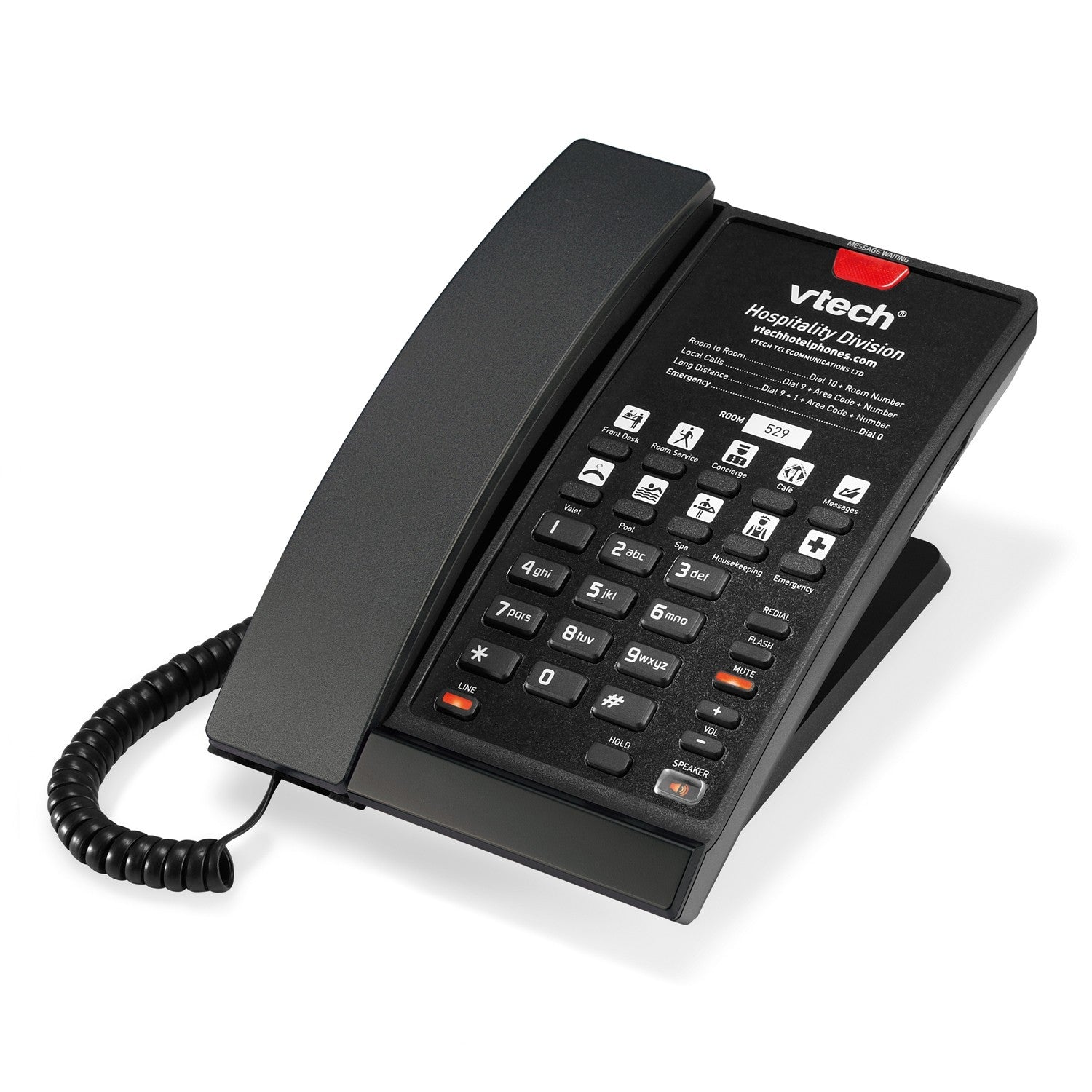 Vtech Hospitality (Hotel) Matte Black Contemporary ANALOG-Line Corded Phone with Antibacterial Plastic